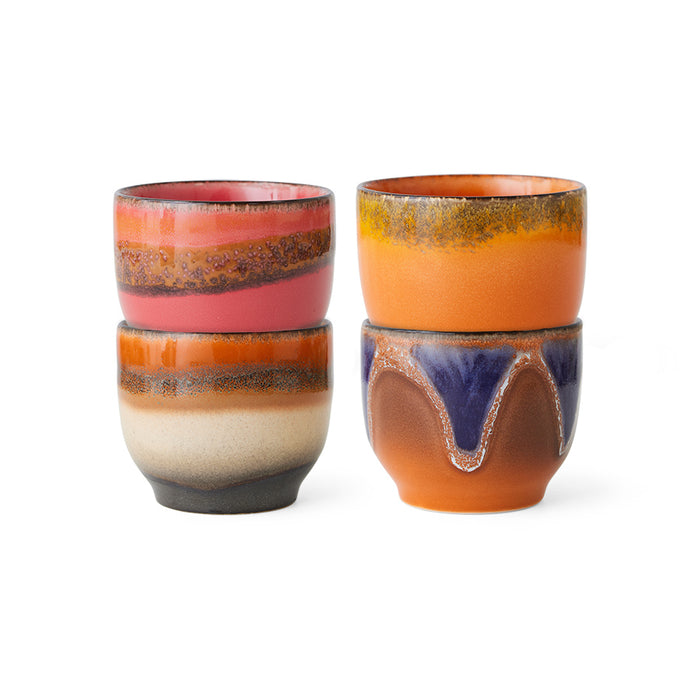 retro style coffee cups orange blue pink brown colors