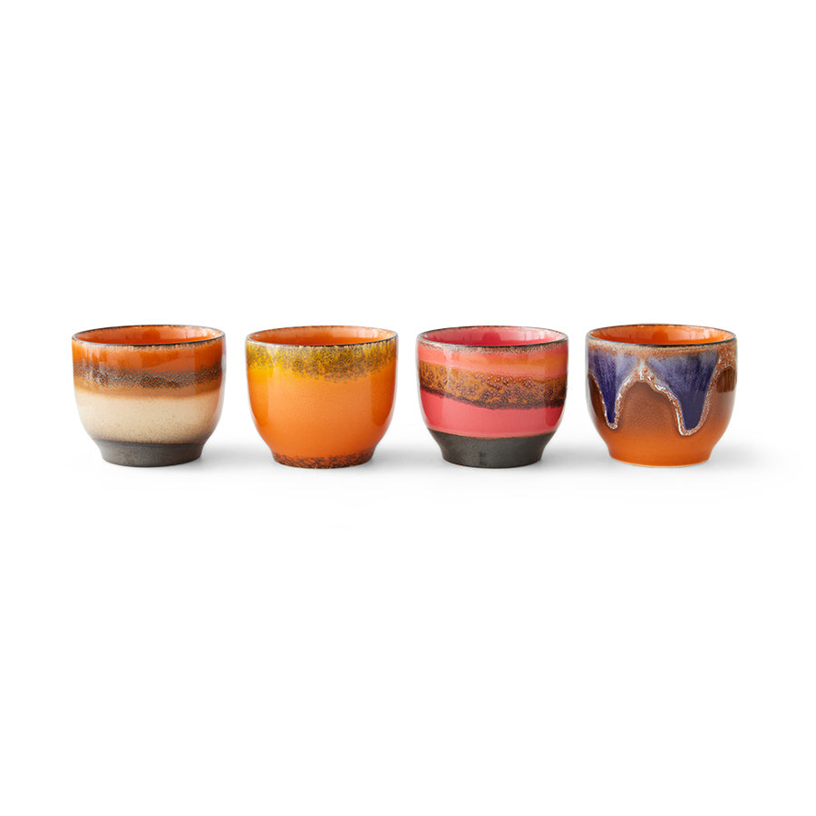 retro style coffee cups orange blue pink brown colors