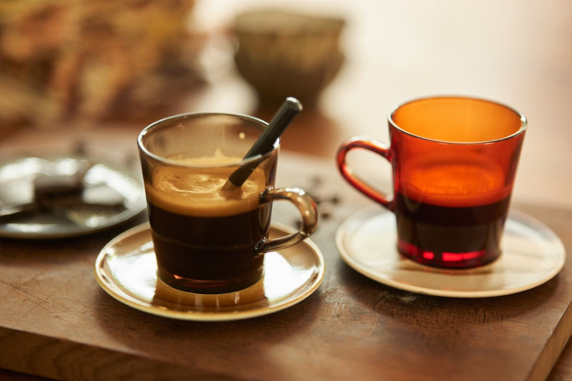 glass coffee cups with ear with ceramic saucers