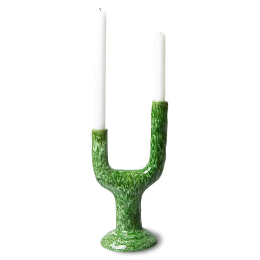 two arm candle stick holder green glazed stoneware