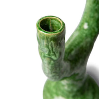 detail of two arm candle stick holder green glazed stoneware