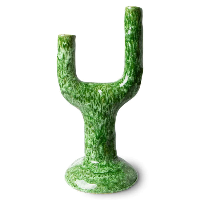 two arm candle stick holder green glazed stoneware