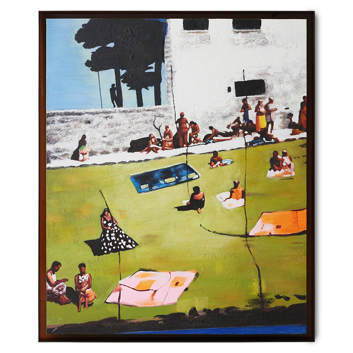 figurative painting of people in park with brown frame