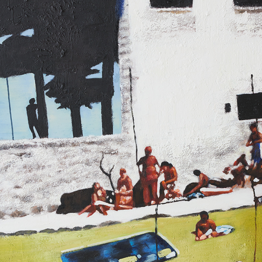 detail of figurative painting of people in park with brown frame