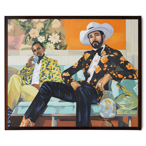 framed figurative painting of two men on a green sofa