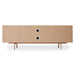 backside of blush pink colored entertainment center sideboard