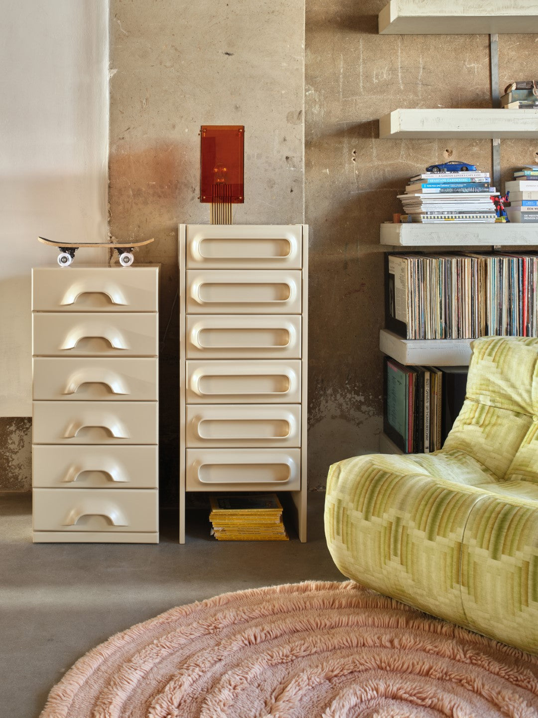 cream colored chest of drawer cabinet in retro inspired living room