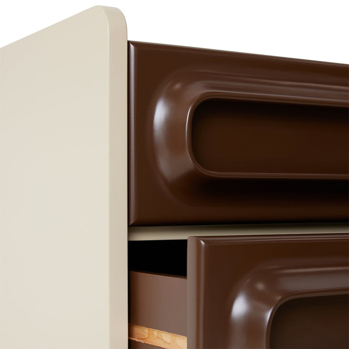 detail of retro look nightstand cream with brown drawers