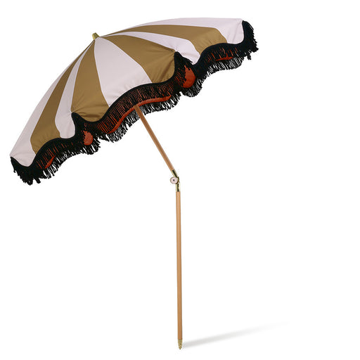 mustard and nude striped parasol with wooden pole