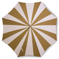 mustard and nude striped parasol with wooden pole