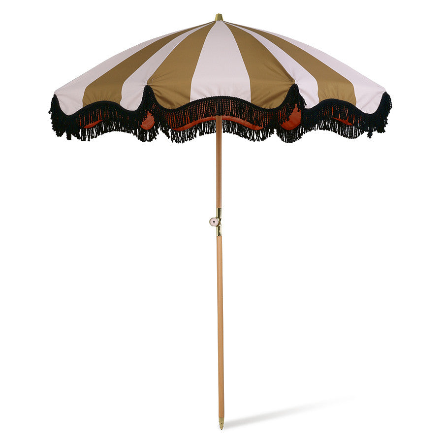 mustard and nude striped parasol with wooden pole