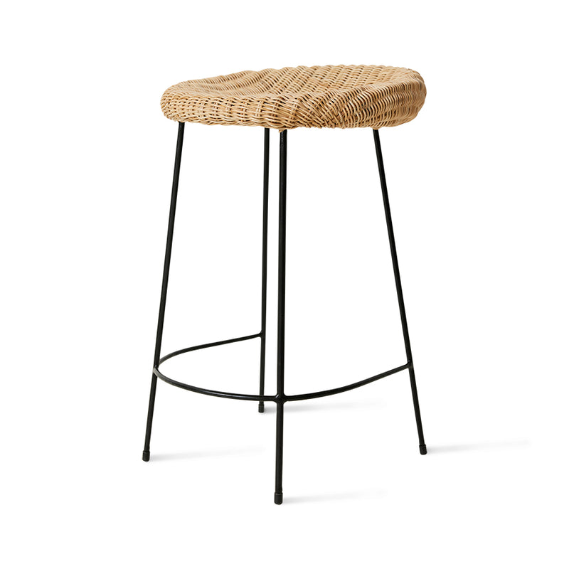 black iron and natural wicker counter stool