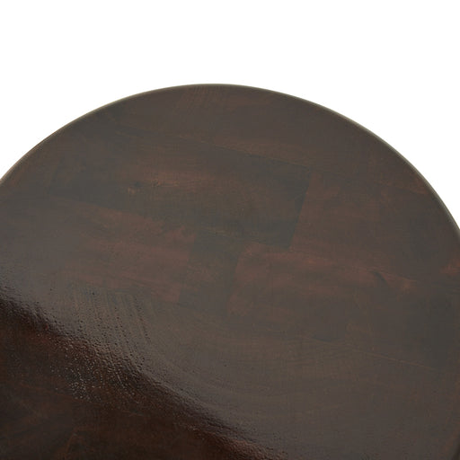 detail of wooden stool finished with high gloss burgundy color shellack