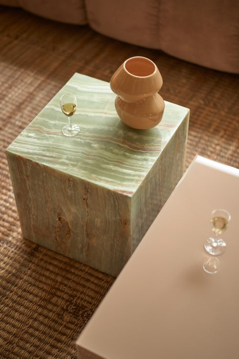 solid onyx green marble block table with vase and small glass