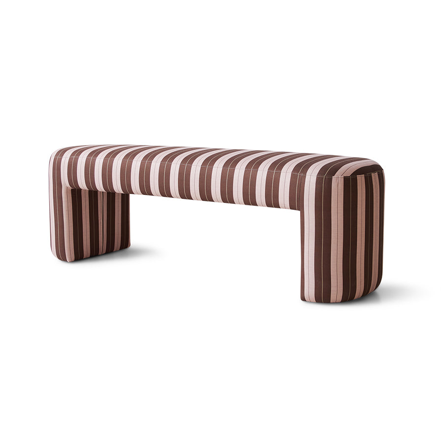 blush and maroon striped upholstered bench