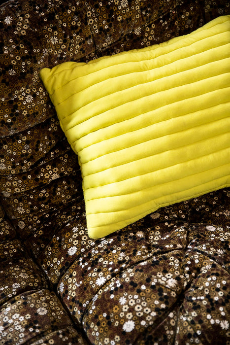 quilted throw pillow bright yellow on brown flower sofa
