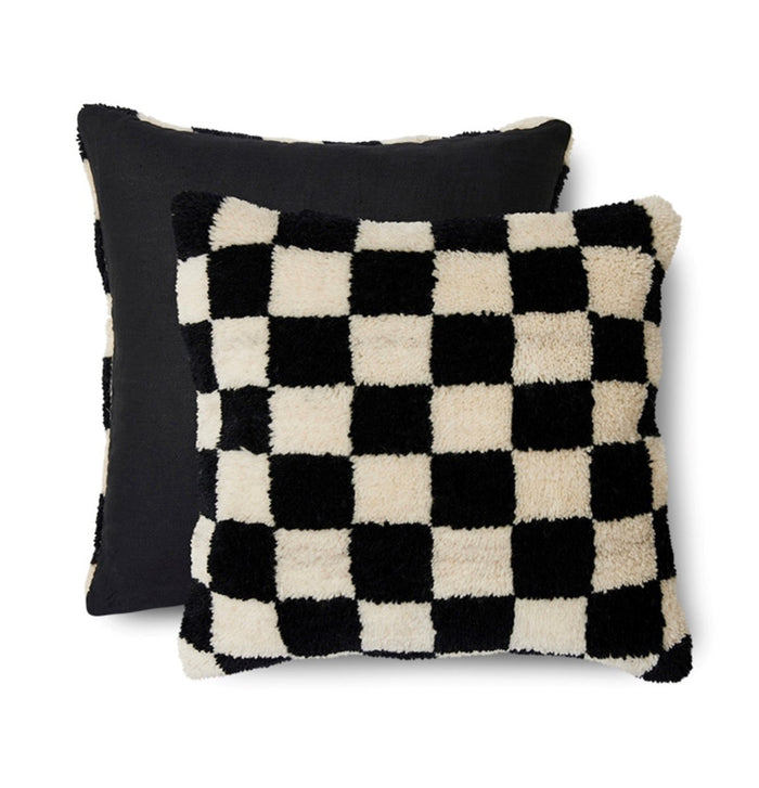 black and white checkered woolen decorative pillow