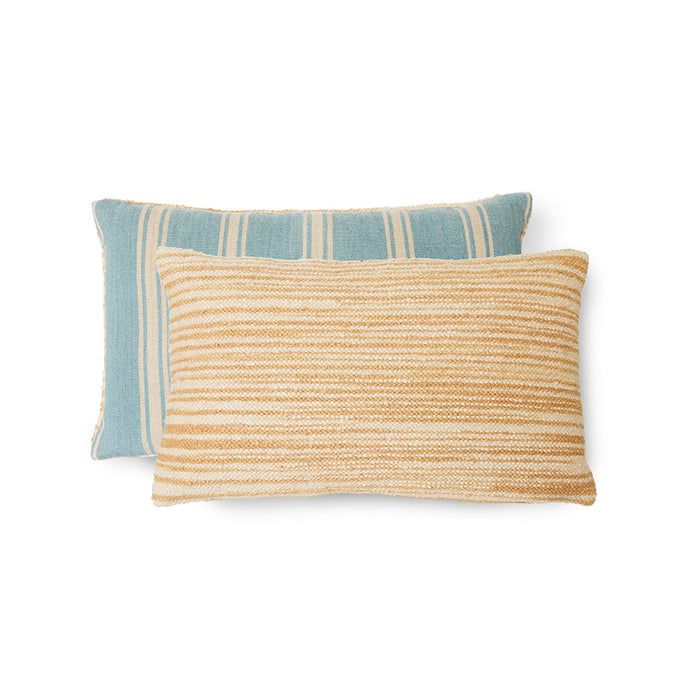 double sided hand woven pillow in soft blue and light brown