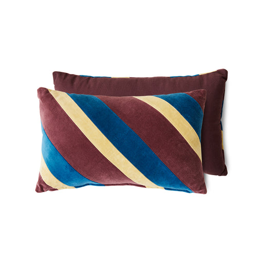 maroon, blue and yellow striped velvet lumbar pillow