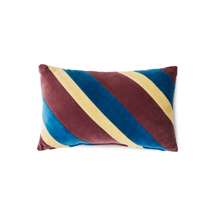 maroon, blue and yellow striped velvet lumbar pillow