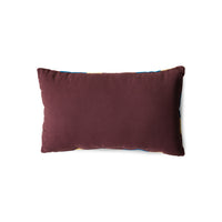 backside of maroon, blue and yellow striped velvet lumbar pillow