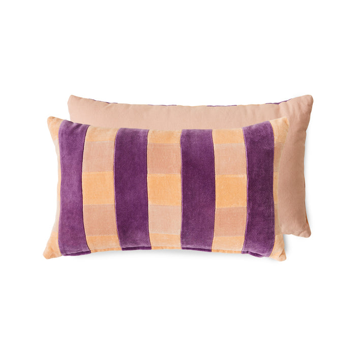 velvet lumbar pillow with peach, pink and purple stripes 