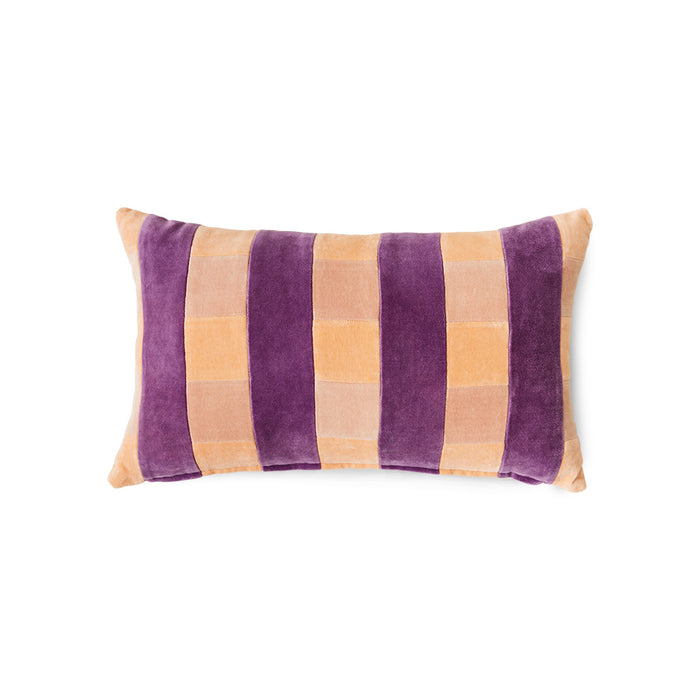 velvet lumbar pillow with peach, pink and purple stripes 