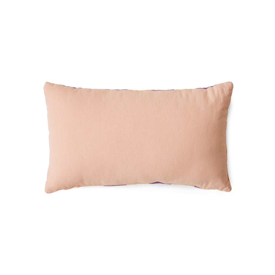 backside of velvet lumbar pillow with peach, pink and purple stripes 