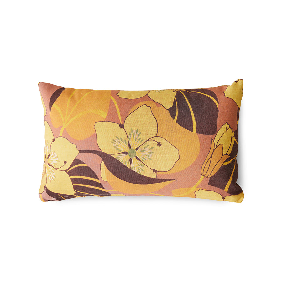 double sided lumbar pillow with retro prints in brown and yellow tones