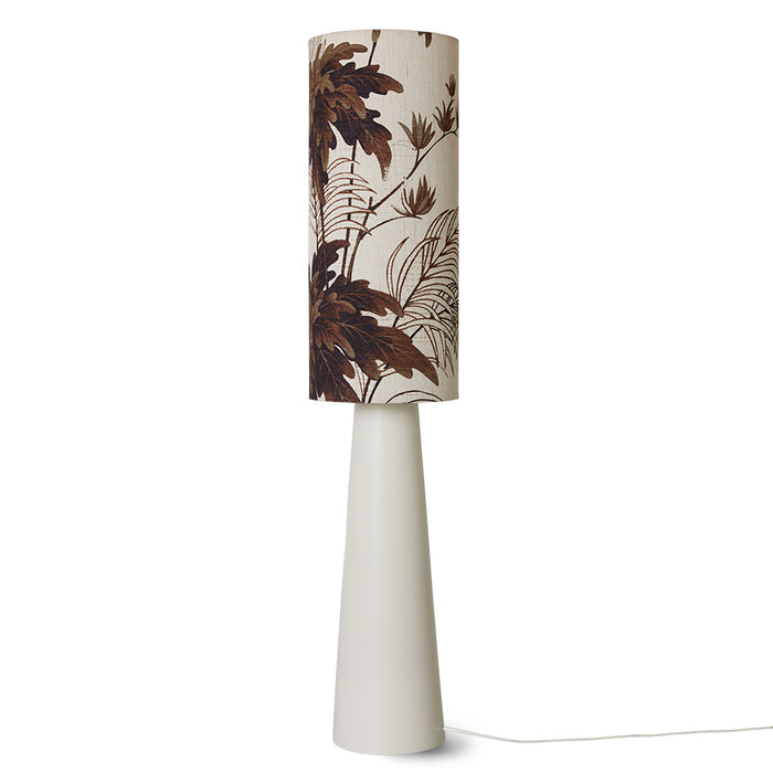 cream colored ceramic cone shape base floor lamp with brown flowered shade