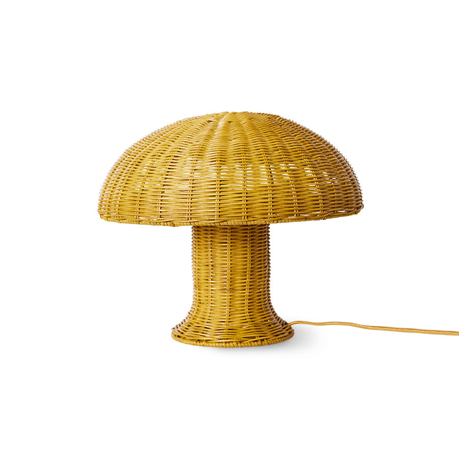 mustard yellow table lamp made from rattan