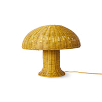 mustard yellow table lamp made from rattan