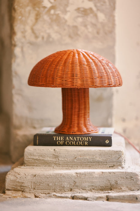 coral colored handmade rattan table lamp on a book
