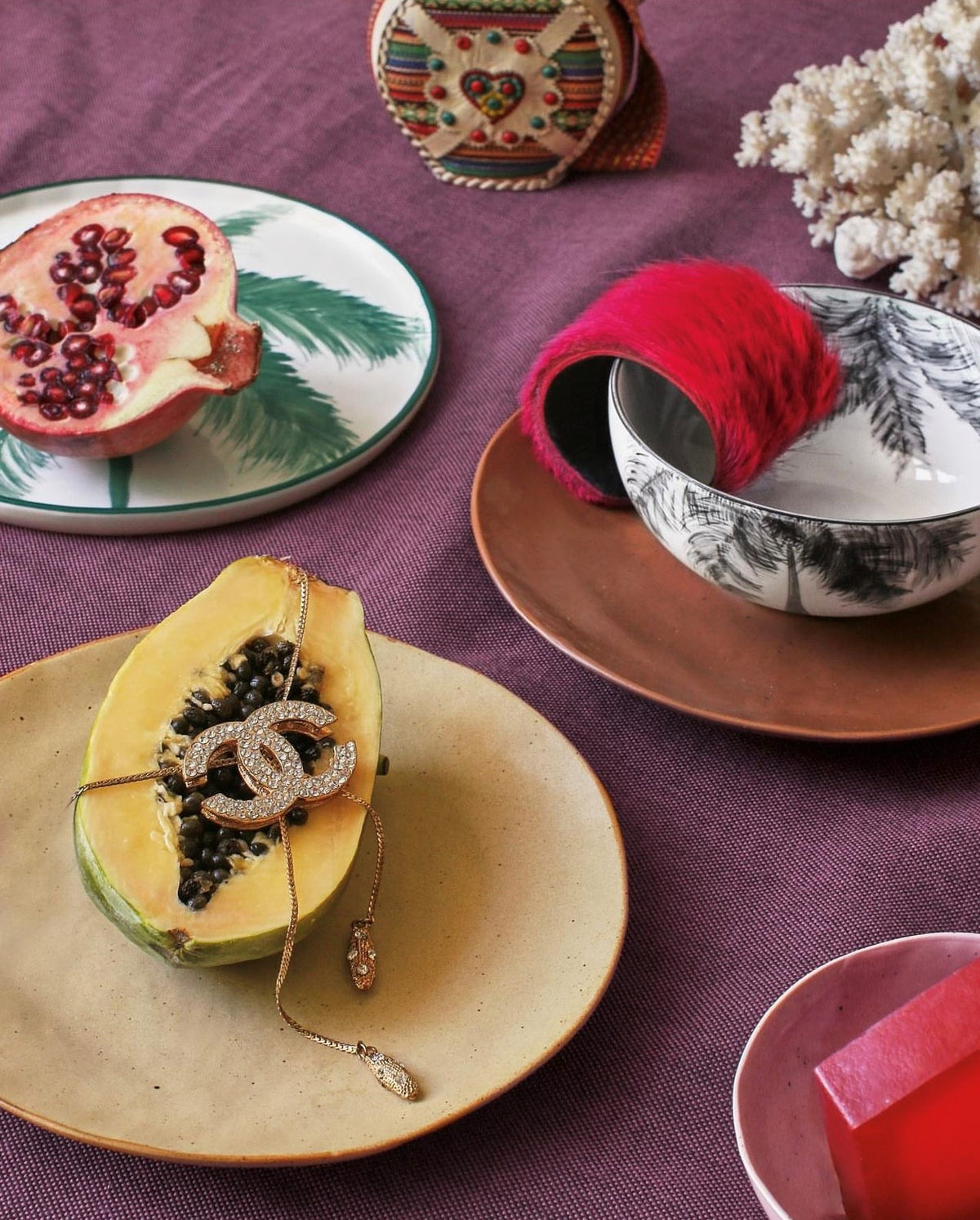 yellow brown side plate with fruit and brown plate with palm bowls in black and white 