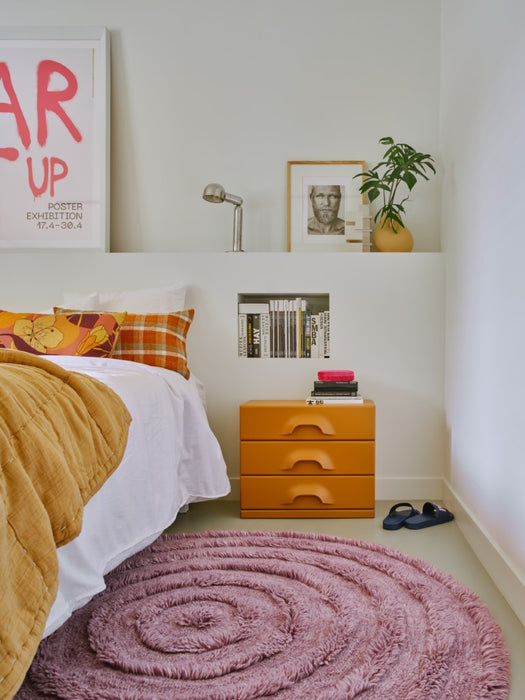 ginger orange chest of 3 drawers as nightstand in bedroom