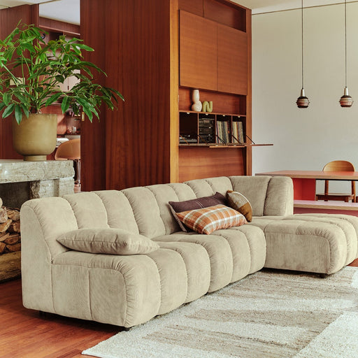 retro inspired living room with element sofa and wooden brown build in cabinet