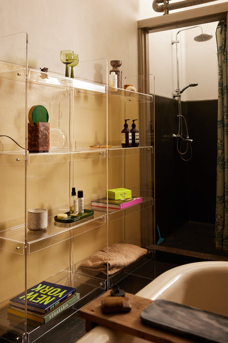 acrylic transparent clear open shelving cabinet in bathroom