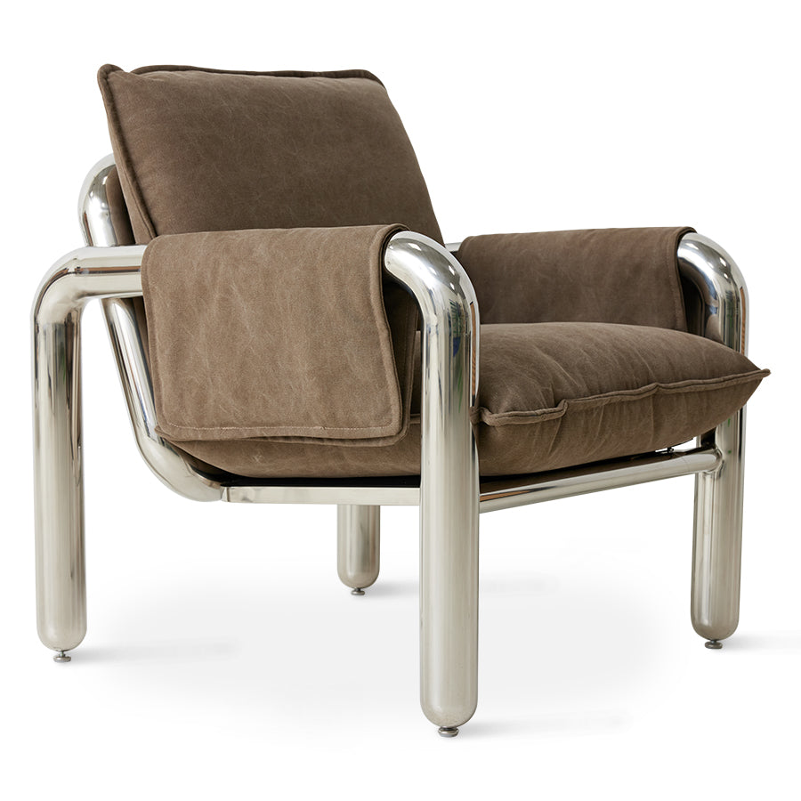 chrome lounge chair with cotton canvas armrest sleeves