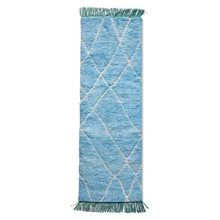 Blue runner rug with geometric pattern on a white background
