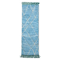 Blue runner rug with geometric pattern on a white background