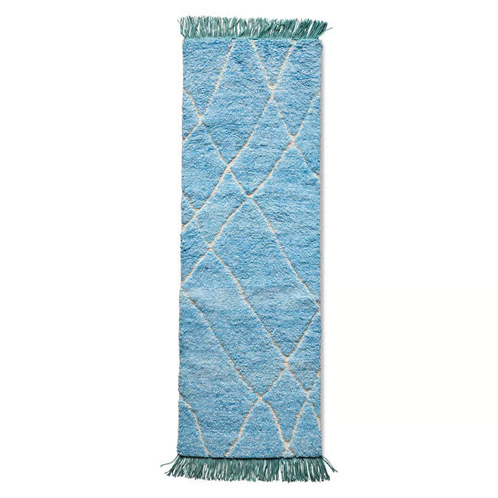 Blue runner rug with geometric pattern on a white background