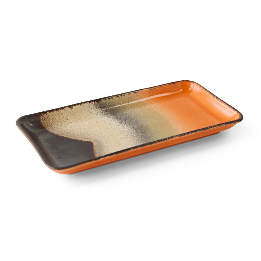 retro style set 2 trays reactive glaze finish brown orange blue and green tones