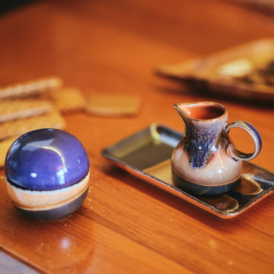 retro style set 2 trays reactive glaze finish brown orange blue and green toneswith creamer jug