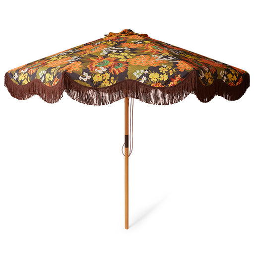 large patio parasol with retro brown and flower print