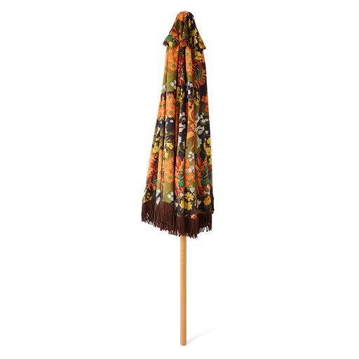 arge patio parasol with retro brown and flower print