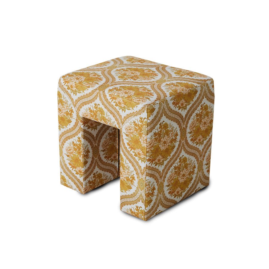 footstool with yellow and off white retro style fabric