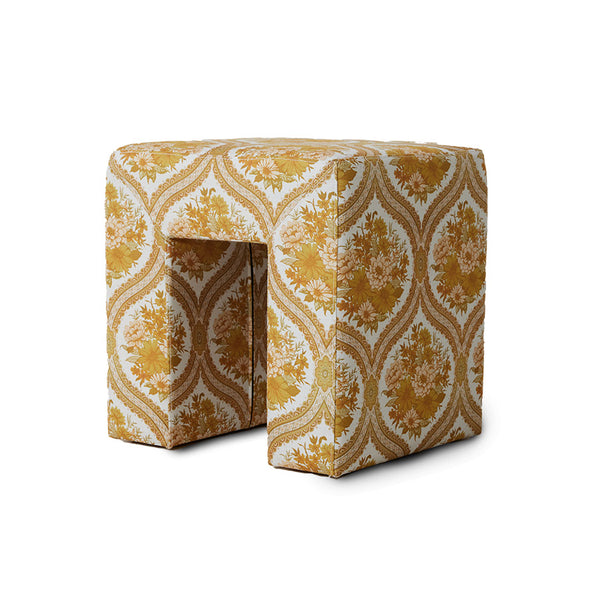 footstool with yellow and off white retro style fabric