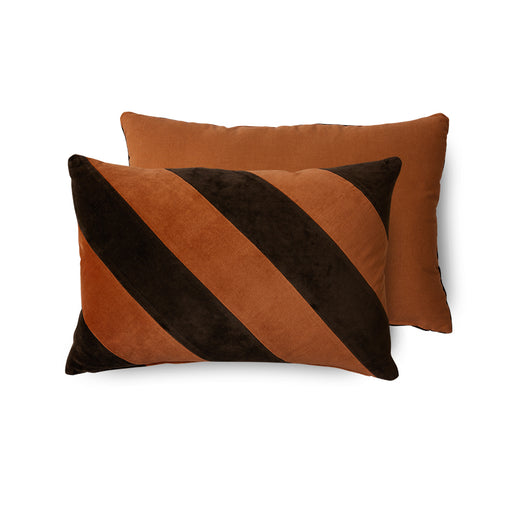 dark brown and orange striped velvet lumbar pillow