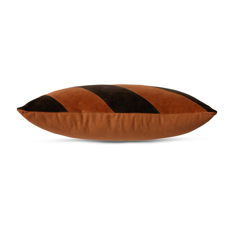 dark brown and orange striped velvet lumbar pillow