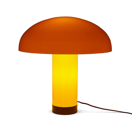 illuminated yellow and brown table lamp